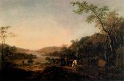 An Extensive River Landscape with Cattle and a Drover and Sailing Boats in the distance Thomas